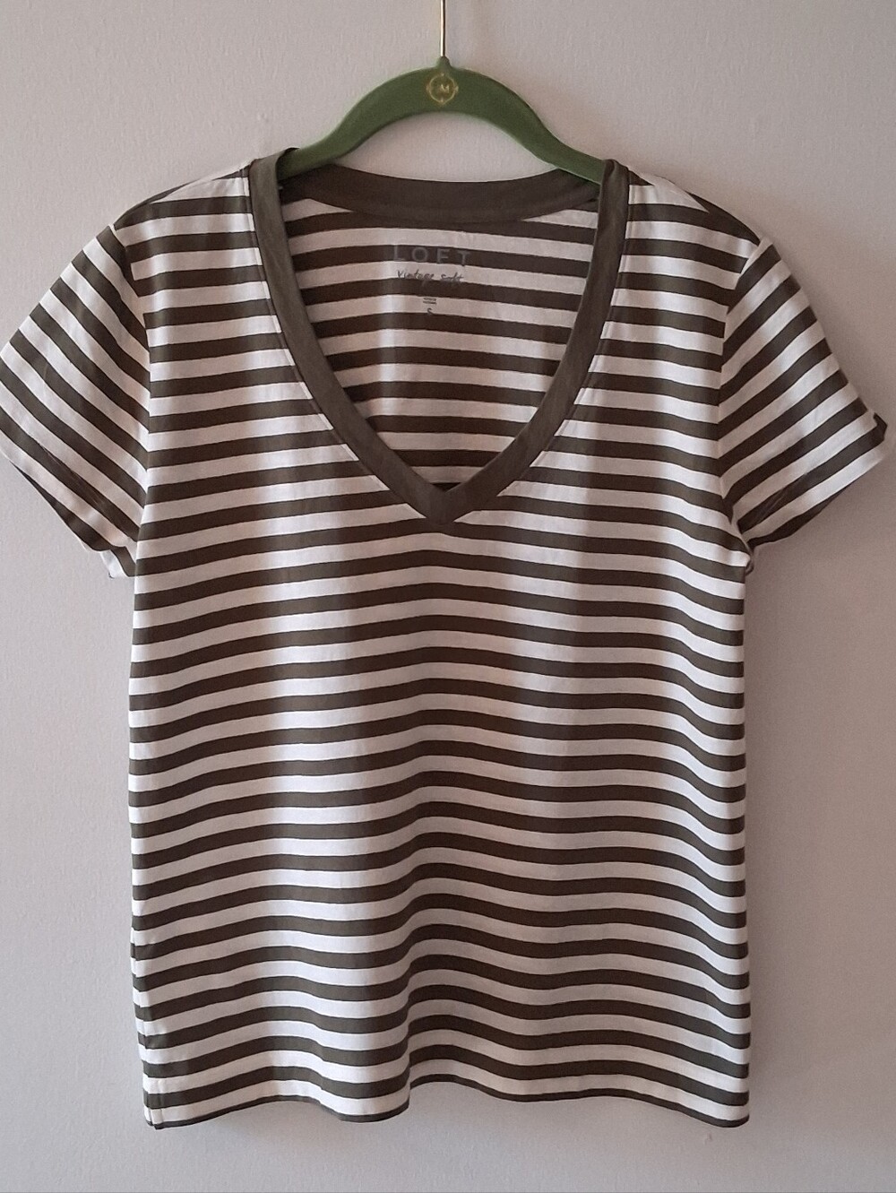 LOFT Vintage Soft in Vintage Olive withCream Stripes V-Neck Short Sleeve Tee
